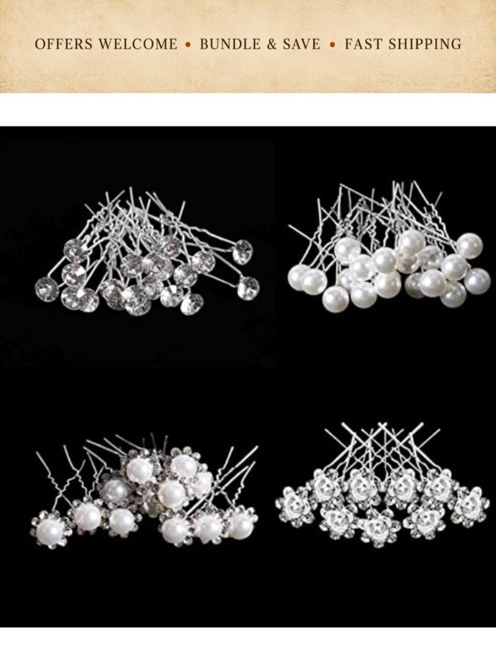 Crystal Pearl Flower Hair Pins U-Shape Hair Clips Bridal Wedding Prom